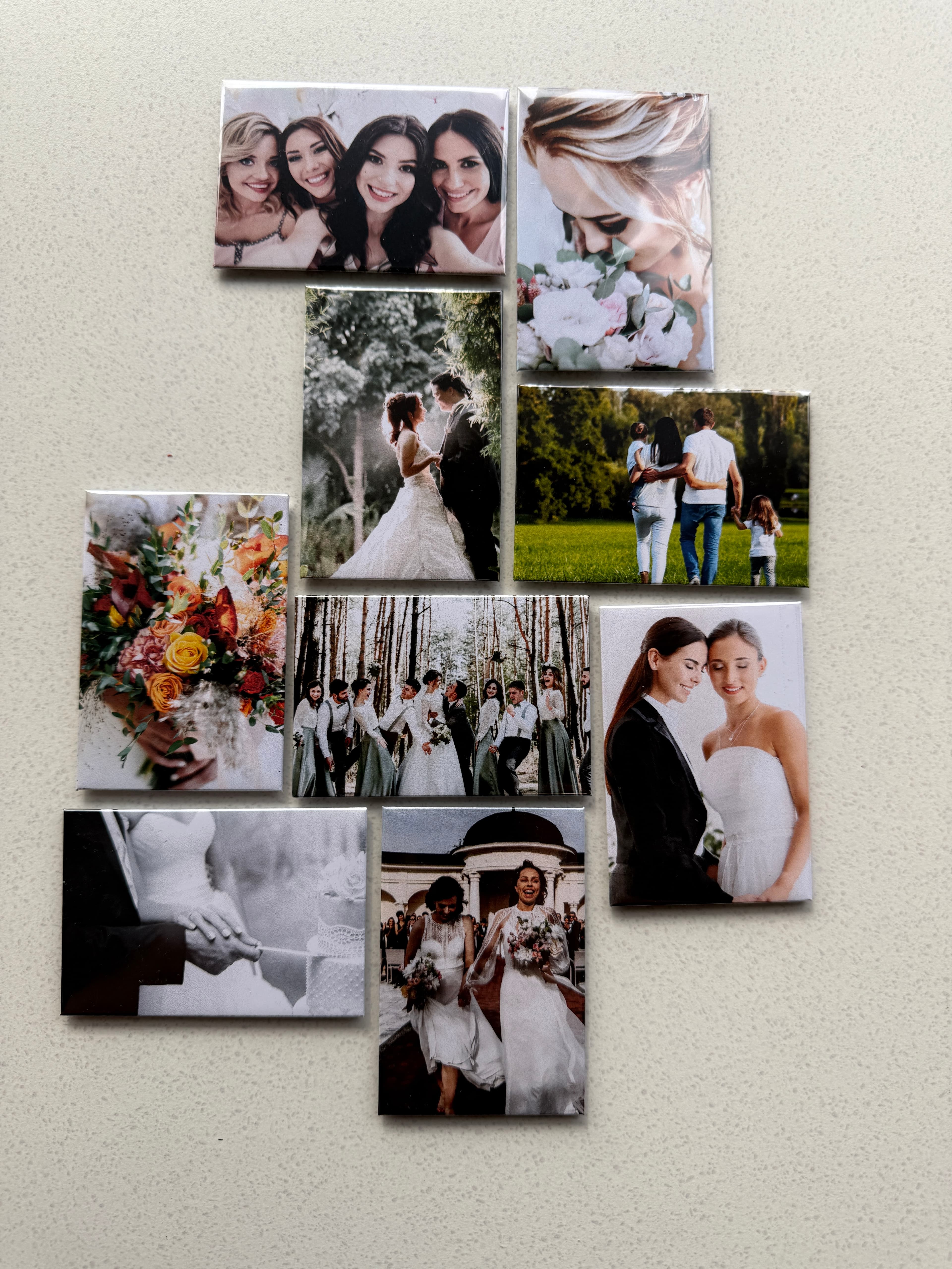 Wedding-themed custom photo magnets arranged as keepsakes.